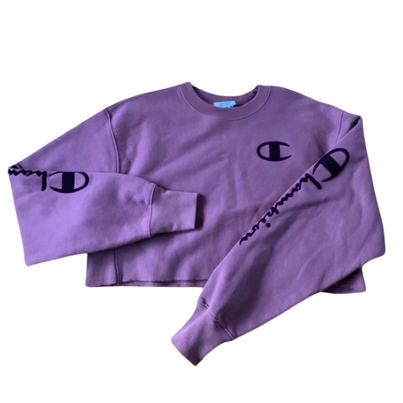 Champion Plum Fleece Reverse Weave C Logo Crop Crewneck Drop Shoulder Sweatshirt - Picture 13 of 16